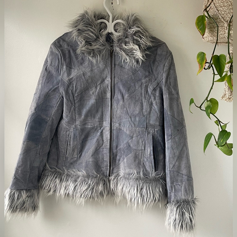Atmosphere Gray Leather Jacket with Faux Fur Trim